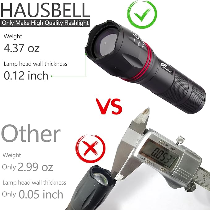 HAUSBELL A100 2000 Lumen Flashlight 2 Pack, Heavy-Duty Aluminum Tactical Flashlights High Lumens with 5 Modes Zoomable Waterproof, Emergency Camping Essentials for Home Hiking