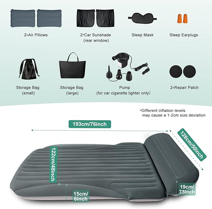 Ciremiv SUV Air Mattress, Double-Sided Thick Flocked Car Air Mattress with Built-in Pump & Pillow, Complete Sleeping Accessories for Auto Camping & Road Trips（Green+Charcoal）