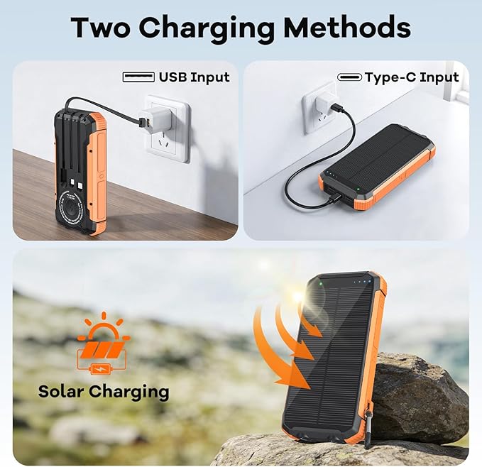 ERRBBIC Solar Charger Power Bank 20000mAh, Portable Wireless Charger, 15W Fast Charging External Battery Pack with Dual Flashlight and USB C Outputs, Outdoor Mobile Power Compatible with Cell Phones
