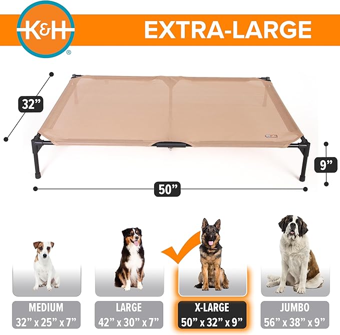 K&H Outdoor Elevated Dog Bed - Cooling Raised Dog Bed for Large & Extra-Large Pets, Breathable Mesh Hammock Design, Indoor/Outdoor Washable Cover, Portable Metal Frame, Tan, XL 50x32in