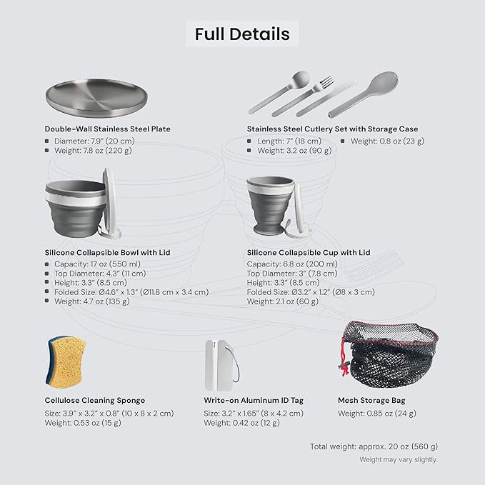 Camping Mess Kit – Compact 1-Person Tableware Set with Stainless Plate, Collapsible Silicone Bowl & Cup, and Utensils, Ideal for Solo Campers, Scouts, Family Camping & Car Trips
