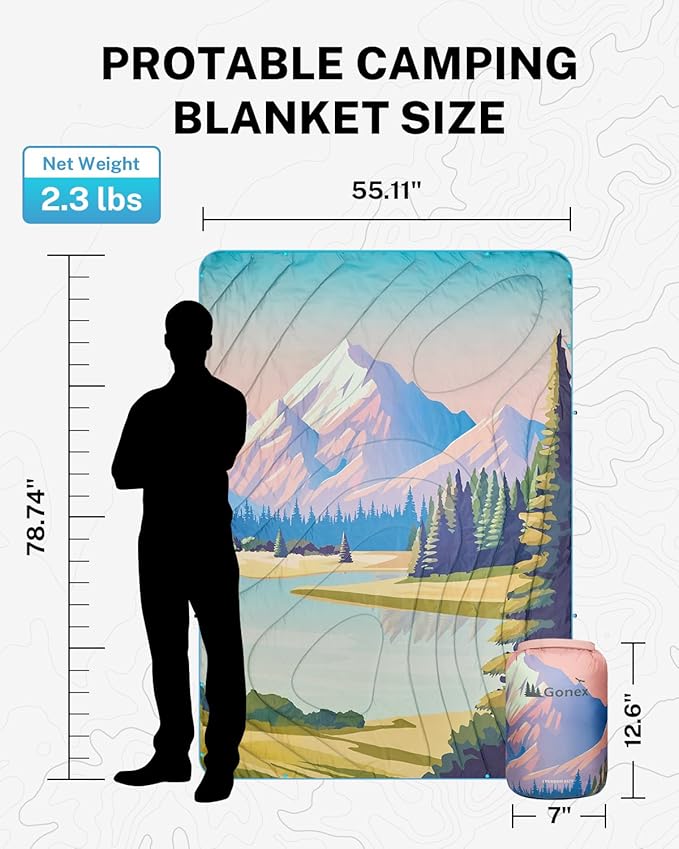 Gonex Camping Blanket with Aero-Warmth Breathable Layer - Puffy Printed Packable Blanket, Ultralight Wearable Water-Resistant Quilt, 79" X 55" for Camping, Beach, Hiking, Travel, Picnics (Landscape)