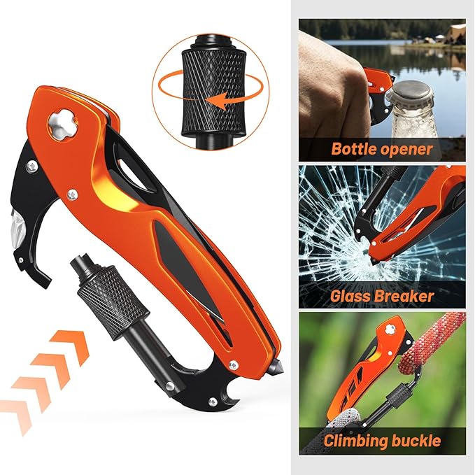 Carabiner Multitool 9-in-1 EDC Pocket Knife, Hexwrench, Saw, Screwdriver, Can Bottle Opener, Breaker, Buckle, Survival Gear for Camping Climbing, Gifts for Men Women, Stocking Stuffers