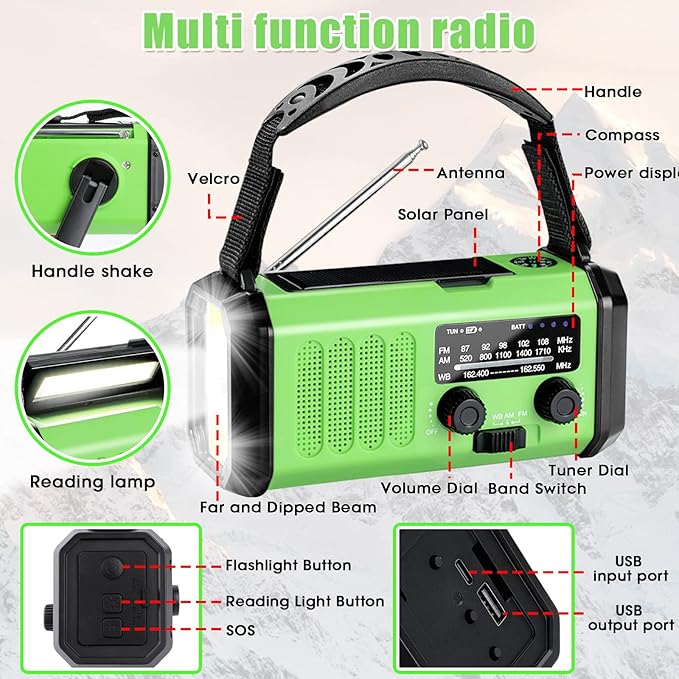 10000mAh Hand Crank Emergency Radio, NOAA Weather Radio with AM/FM & solar Radio, Rechargeable Battery, Flashlight & Reading Light, SOS Alarm, Compass Cell Phone Charger for Indoor Outdoor Emergencies
