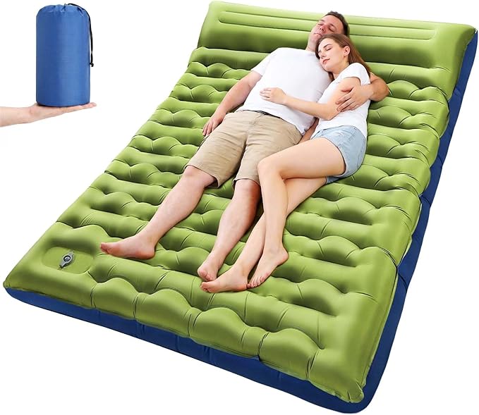 Double Sleeping Pad for Camping, 5.9 Inch Thick Self Inflating Sleeping Mat for Camping with Built in Pillow and Foot Pump, 2 Person Camping Mattress for Backpacking Hiking