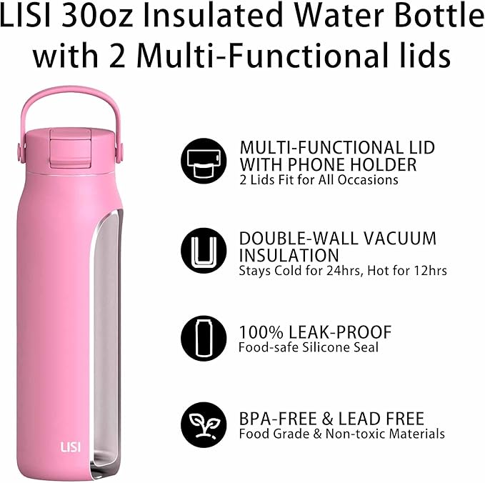 LISI 30oz Insulated Water Bottle, Double Wall Stainless Steel Water Bottles with Straw, 100% Leak-Proof Travel Thermal Canteen Mug with 2 Lids (Straw, Phone Holder Lid)