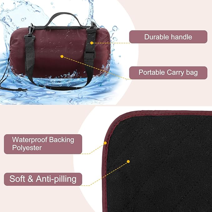 Tranqun 2 Pcs Large Waterproof Outdoor Blanket 78 x 55'' Windproof Blanket Quilted Waterproof Fleece Sandproof Foldable Warm Stadium Blankets for Camping Picnic Sporting Event Cold Weather(Dark Red)