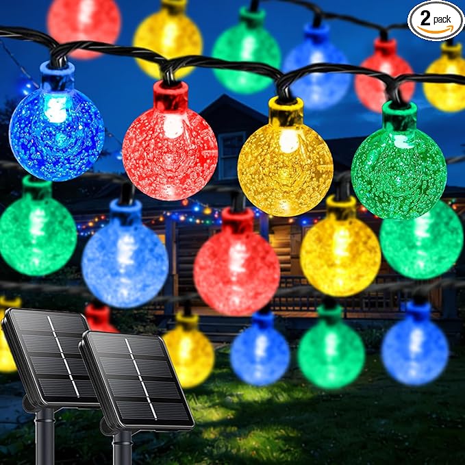 Multicolor Solar String Lights Outdoor, 2-Pack Total 100 LED 64FT Crystal Globe Solar Lights for Outside Waterproof with 8 Lighting Modes, Easter Decorations for Tree Wedding Patio Party Garden