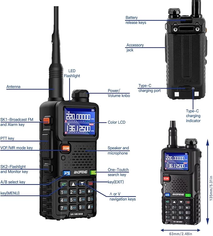 BAOFENG UV-10R MAX Ham Radio Handheld 10W Long Range Rechargeable Walkie Talkies Tactical NOAA Weather Two-Way Radios with 2500mAh USB-C Charging Battery,Mic for Survival Gear,Adults,Gifts,2 Pack