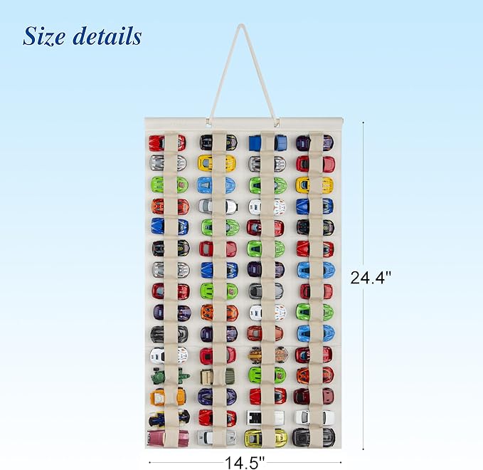 Hanging Storage Organizer for Toy Cars Felt Display Case Hold Up 60 Toy Cars (Cream)