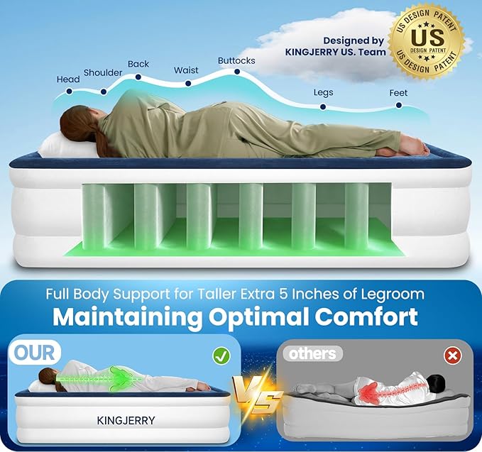KINGJERRY Queen Air Mattress with Built in Pump, Blow Up Mattress Queen 18 Raised Comfort, Upgrade Surface Inflatable Mattress, Leakproof Air Bed for Home Guests&Camping, 800 lbs Max, 3-Min Inflation