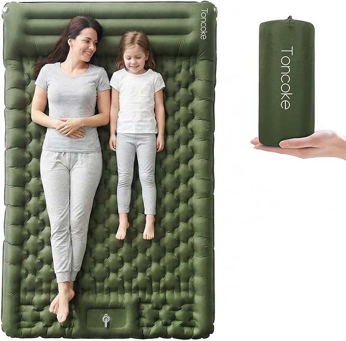 Toncoke 5.1" Thick Double Sleeping Pad with Foot Pump & Pillow, 77.5x53.9 2-Person Air Mattress for Camping, Ultralight & Compact for Backpacking, Hiking, Car Travel，Military Green
