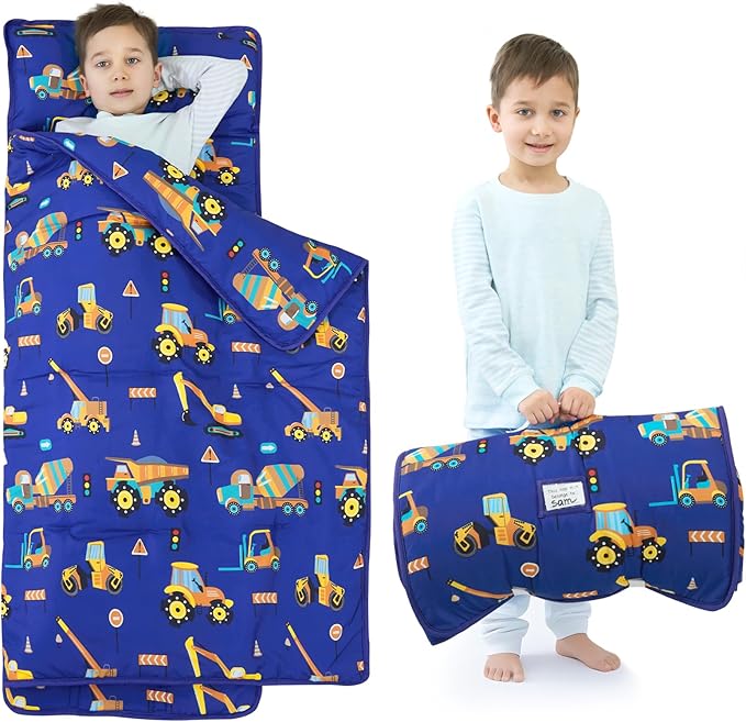 UOMNY Toddler Nap Mat Boys Kids Nap Mats with Removable Pillow and Blanket Engineering Vehicle Toddler Sleeping Bag for Preschool Daycare Blue Excavator 53x21 Inch
