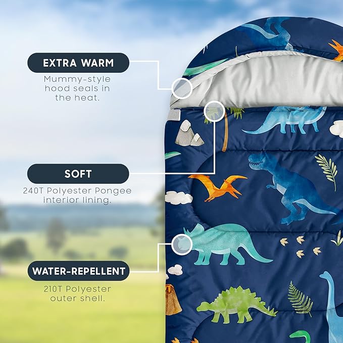 Wake In Cloud - Kids Sleeping Bag for Boys Toddlers, Camping in Warm Cold Weather, Backpacking Lightweight Compact Outdoor Liner for 3 Seasons, Watercolor Dinosaurs