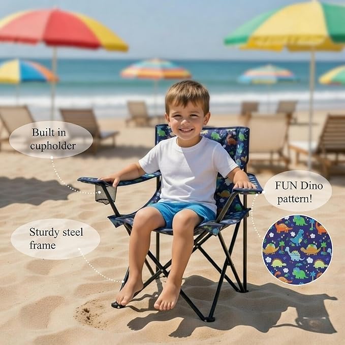 Emily Rose Playful Dinosaurs Kids Folding Camp Chair - Lightweight Portable Toddler Beach Chair Ages 2-7 with Safety Lock Cup Holder Carry Case 125 lb Capacity for Boys Girls Outdoor Adventures