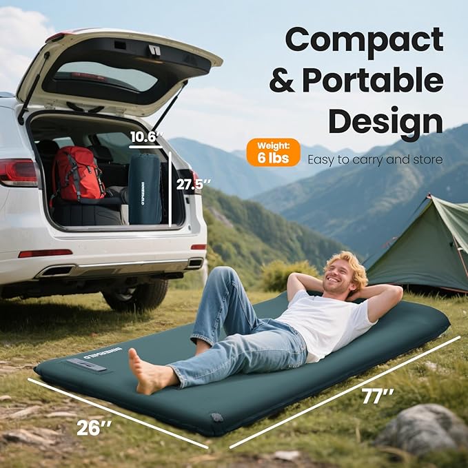Sleeping Pad for Camping, 3.15" Thick Self Inflating Sleeping Camping Pad with Pillow&Electric Pump,Memory Foam Camping Mattress Pad, 4-Season Camp Sleeping Mat for Travel,Car,Tent,Home-Green