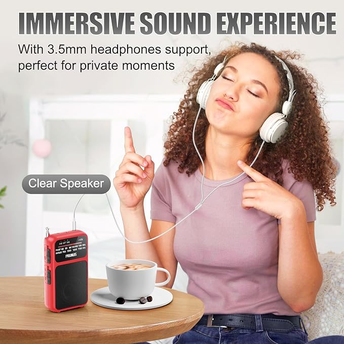 PRUNUS J-555 Pocket Radio AM FM USB-C Charging& Battery Operated, Excellent Reception& Clear Speaker and Headphone Jack, Back Clip, Flashlight, Transistor Radios, Portable Radio AM FM, Mini Radios