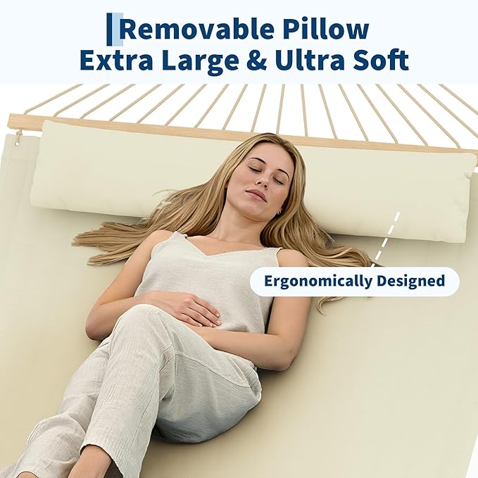 Hammocks 12 FT Double Quilted Fabric Hammock with Spreader Bar and Detachable Pillow, 2 Person Hammock for Outdoor Patio Backyard Poolside, 450lbs Weight Capacity