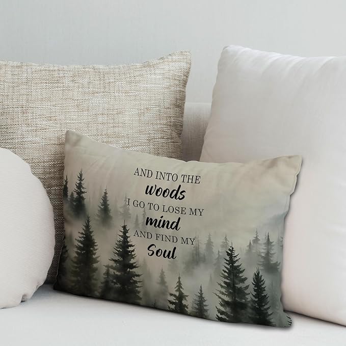 Inspirational Forest Mountain Nature Pillow Covers 12x20, and Into The Woods I Go to Lose My Mind Decorative Lumbar Pillow Covers for Home Cabin Lake House, Gifts for Nature Lovers