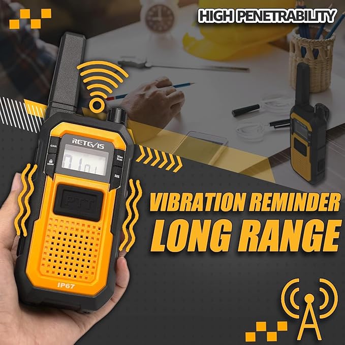 Retevis RB48 Walkie Talkies Long Range,MIL-STD 810H IP67 Waterproof Two Way Radios with Earpiece, Support VOX, Vibration Call, 2000mAh, NOAA, 2 Way Radio for Business(2 Pack)