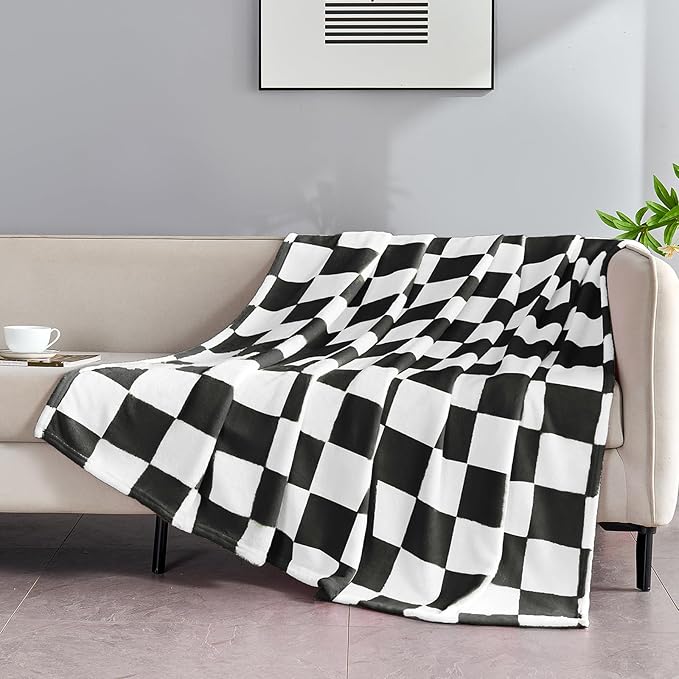 Edenleaf Black Checkered Blanket, Soft Cozy Fleece Checkered Throw Blankets for Bed Sofa Couch Camping, Ultra Fluffy Throws for All Seasons, 50x60 Inch, Black