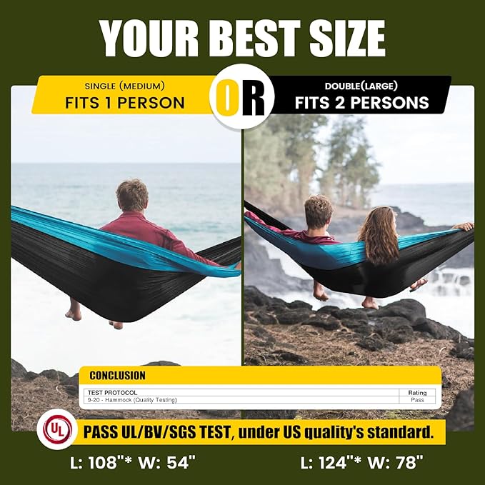 Camping Hammock,Camping Essentials,Lightweight Portable Double & Single Hammock with Tree Straps, Camping Gear for Outside Hiking Camping Beach Backpack Travel, Blue & Light Black, Large
