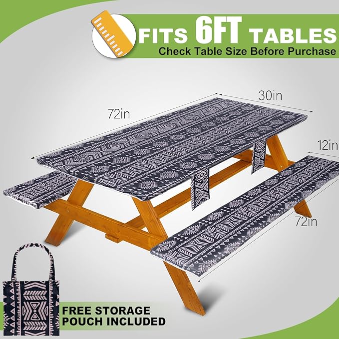Picnic Table Cover with Bench Covers Vinyl Elastic Edges Fitted Rectangle Seat Tables Waterproof 3-Piece72X30in Set Outdoor Rectangular Folding Backing Tablecloth for Camping Over Size