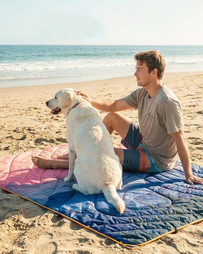 Gonex Camping Blanket with Aero-Warmth Breathable Layer - Puffy Printed Packable Blanket, Ultralight Wearable Water-Resistant Quilt, 79" X 55" for Camping, Beach, Hiking, Travel, Picnics(Sunset)
