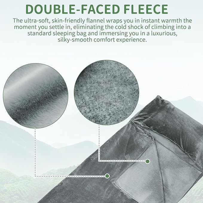 Tuphen Flannel Sleeping Bag Liner, XXL Fluffy Adult Sleeping Sack with Hidden Zipper for Warm or Cold Weather, Thick Travel Sheets for Hotel,Camping,Backpacking,Traveling & Dirty Proof,Gray,86 x 41‘’