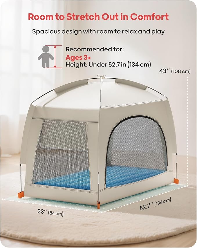 QPAU Inflatable Toddler Travel Bed with Tent – Lightweight Blow Up Kids Air Mattress with Hand Pump – Indoor & Outdoor Portable Sleeping Solution for Camping, Travel, Home, Grandma’s – Ages 3+