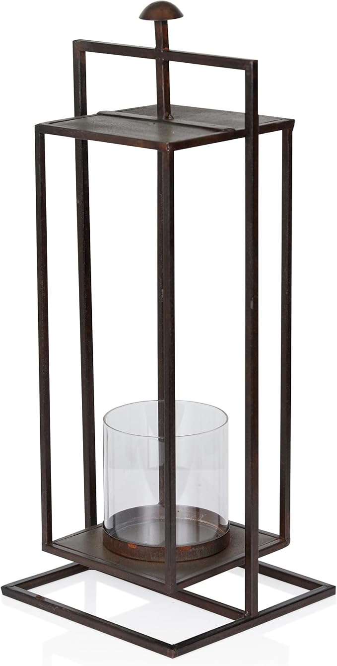 Alpine Corporation 19" Small Rectangular Lantern with Glass Candle Holder , Outdoor Lantern for Patio, Porch, or Deck Décor, Bronze