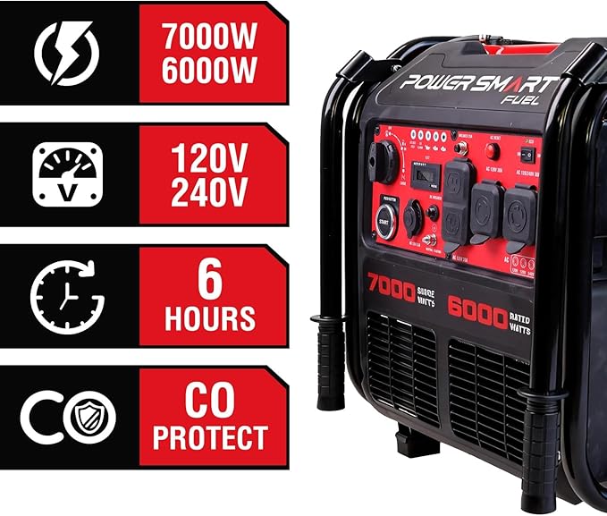 7000-Watt Open Frame Inverter Generator, Electric Start Portable Generator for Home Backup & RV Camping - Gas Powered, 120V/240V Dual Voltage, Clean Power for Sensitive Electronics
