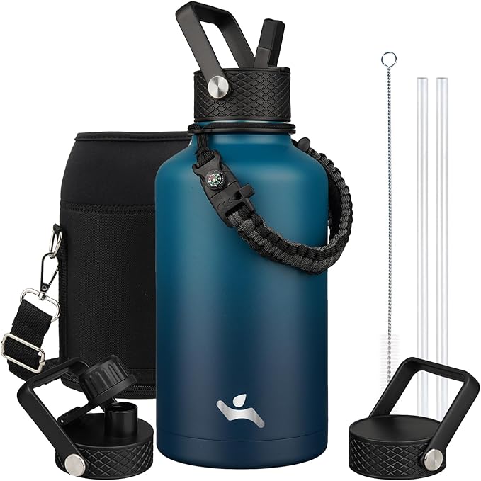 Konokyo Insulated Water Bottle with Straw,87 oz 3 Lids Water Jug with Carrying Bag,Paracord Handle,Double Wall Vacuum Stainless Steel Metal Flask,Indigo Black