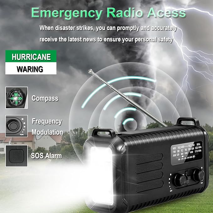 20000mAh/ 74000mWh Hand Crank Emergency Radio, AM/FM/NOAA Weather Radio, Battery Powered Solar Radio with USB Phone Charger, Reading Lamp Flashlight & SOS for Emergency (Black)
