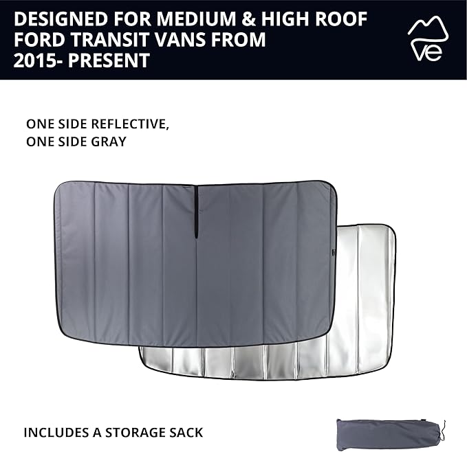 VanEssential Insulated Reflective Blackout Window Cover Designed for Ford Transit High/Medium Roof Front Windshield - Charcoal Gray Reflective