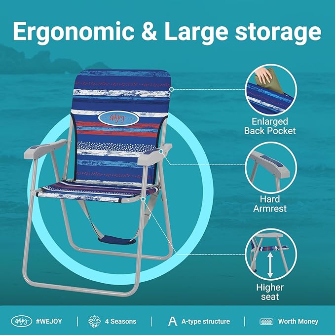 #WEJOY Folding Beach Chair for Adults, Lightweight Beach Chair with Shoulder Straps, High Back Camping Chairs with Hard Armrest, Supports 300lbs for Outdoor Lawn Concert