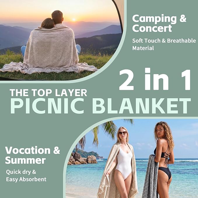 2 in 1 Extra Large Boho Beach Blanket Towel Sand Free Outdoor Picnic Mat Giant Oversized Xl Big Jumbo Huge Turkish Woven Throw Cloud Summer Vacation Essential Travel Must Have Accessories Women Gift