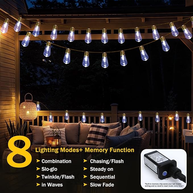(New) Outdoor String Lights, 24FT Hemp Rope LED Patio Lights, Waterproof 8 Modes Plug-in Edison Bulb Lights for Backyard, Garden, Porch, Wedding, Christmas Decor