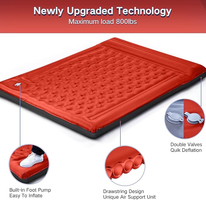 FNARMW Double Sleeping Pad Camping, Self Inflating 6'' Extra-Thick 2 Person Pillow Built-in Foot Pump Waterproof Inflatable Sleeping Mat Backpacking, Tent, Hiking, Portable Camping Pad (Orange-Black)