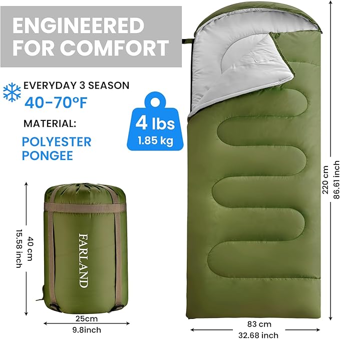 FARLAND Sleeping Bags for Adults Teens Kids with Compression Sack Portable and Lightweight for 3-4 Season Camping, Hiking,Waterproof, Backpacking and Outdoors
