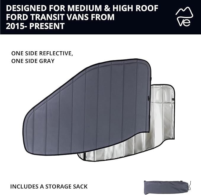 VanEssential Insulated Reflective Blackout Window Covers Designed for Ford Transit High/Medium Roof Front Door Windows (Pair) - Charcoal Gray Reflective