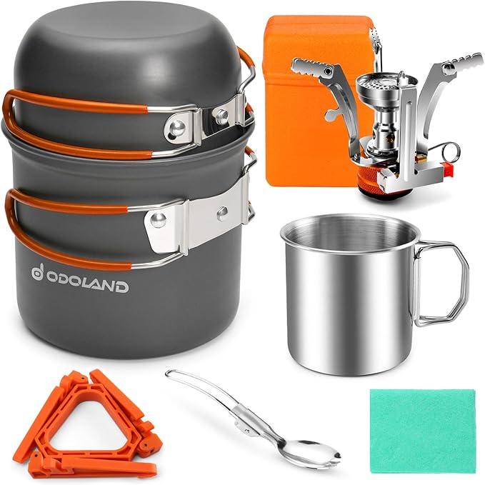 Odoland 8pcs Camping Cookware Mess Kit, Camping Pot and Pan Set with Mini Backpacking Stove, Stainless Steel Cup, Spork and Tank Bracket, Cooking Gear for Outdoor, Hiking, Picnic, Campfire