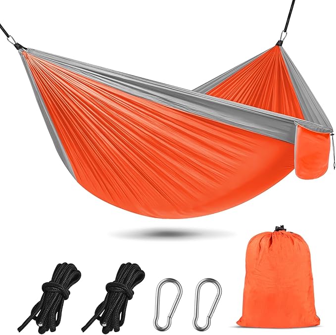 OBTANIM Camping Hammock 500lbs Portable Lightweight Single or Double Hammock with Tree Straps and Carry Bag for Camping Backpacking Hiking Travel Beach Outdoor Indoor (Gray and Orange)