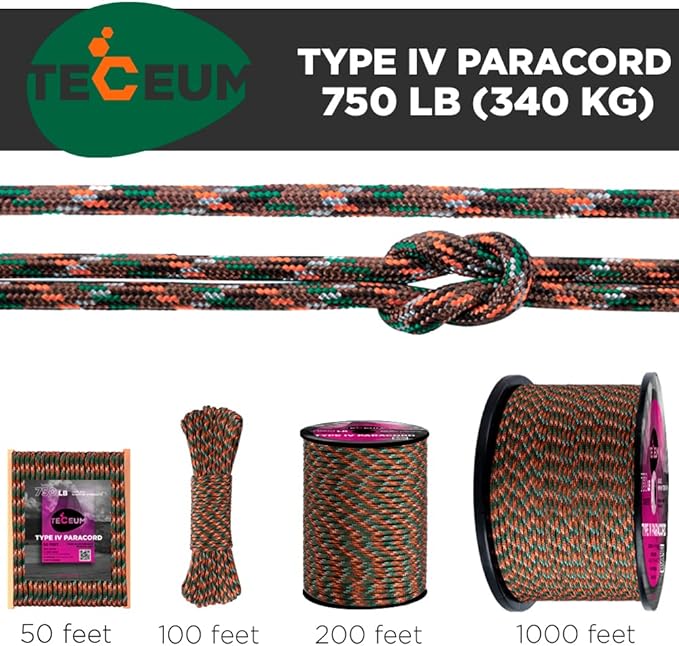TECEUM 5/32" Paracord Rope 1000 – 1000ft / 200ft / 100ft / 50ft – Tactical Parachute Cord 4mm – 45+ Colors – Nylon String for Survival & Camping Gear – Stripe Cord for Survival – Utility Rope