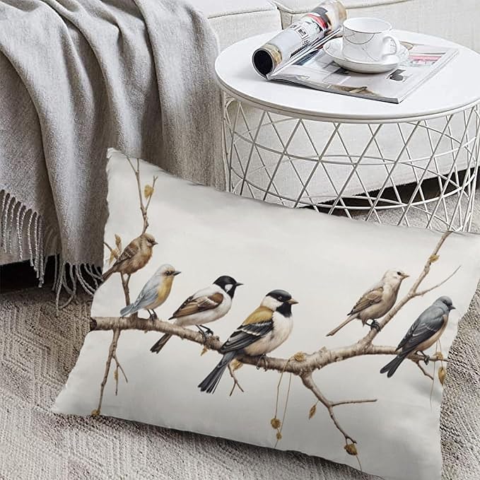 ITFRO Set of 2 Hand-Painted Oil Painting Rustic Forest Wildlife Birds Tree Branches Short Plush Both Sides Lumbar Animal Throw Pillow Cover Cushion Case Sofa Waist Decorative 12x20 Inches (Cream)