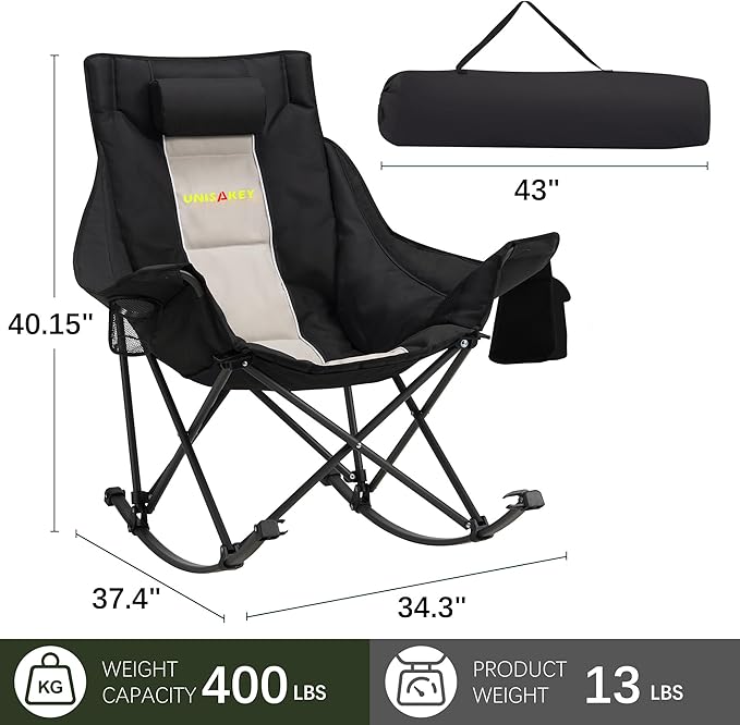 Unisakey Oversized Rocking Camping Chair with Headrest & Cup Holder - 400lbs Capacity, 600D Oxford Fabric, Easy Fold Portable Outdoor Rocker Chair for Camping, Backyard, Beach, Light Gray