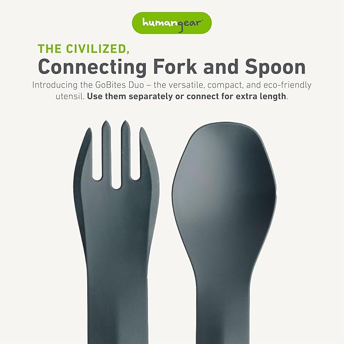 humangear GoBites Duo - Travel Silverware, Full Size Portable Fork & Spoon, Reusable Utensil Set, PC and BPA-free, Food-Safe, ﻿Extended - 9.1” X 1.6”