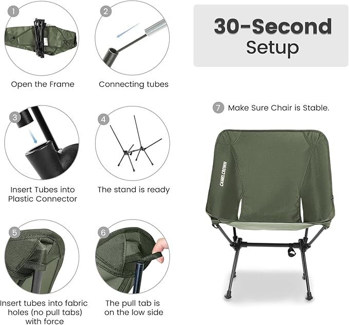 CAMEL CROWN Portable Camping Chair Folding Compact Lawn Lightweight Backpacking Chair with Carry Bag for Outdoor Hiking Beach Travel Picnic Festival Army Green 2pc