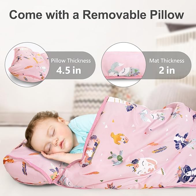 Primlect Thickened Toddler Nap Mat with Removable Pillow and Minky Blanket, Extra Large 55''x35'' Sleeping Bag, Washable, Roll up, Perfect for Daycare, Preschool, Kindergarten, Boys and Girls Pink Fox