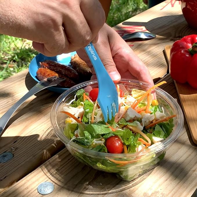 Tapirus - Camping Sporks to Go V8 Set - 7" BPA Free Plastic Sporks Reusable - Camping Spoon Fork Knife Combo with Bottle Opener & Case - For Hiking, Hunting, Backpacking Utensils, MREs - Pack of 8